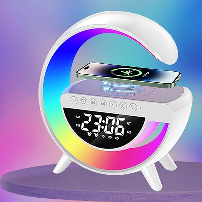 Wireless Charging Table Lamp Multifunctional Bluetooth Speaker & Alarm Clock - LED Bedside Desk Lamp Night Light for Heavy Sleepers, Superfine Bedroom Home Decoration (White)