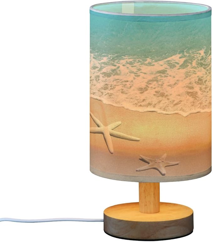 Seaside Beach Bedside Table Lamp for Bedroom Nightstand, Small Eye Care LED Desk Reading Lamp USB Port Wood Base Round Flaxen Fabric Shade for for Kids Room Living Room Office Desk