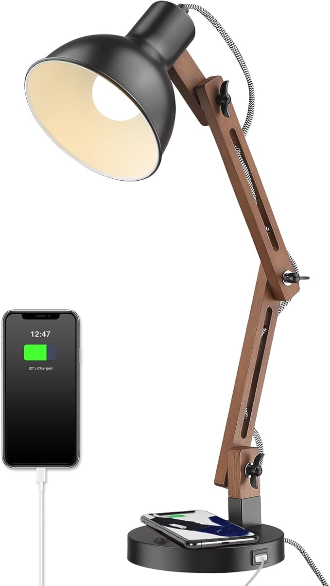ELYONA Modern LED Desk Lamp with Upgraded Wireless Charger & USB C Charging Port Sapele Wood Table Lamp Swing Arm Bedside Reading Task Light for Dorm Office Bedroom Living Room Bulb Included Black