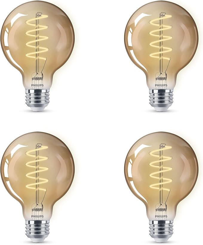 60W G25 4-Pack Vintage Edison Spiral Amber (2000K) 400 Lumen (6.5W = 60W) Dimmable Clear Flicker-Free Light Bulbs