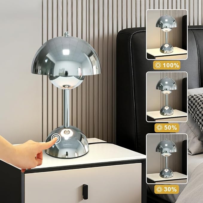 Silver Mushroom Table Lamp,3 Way Dimmable Touch Control Modern Desk and Bedside Lighting for Bedroom Office Living Room,Warm White 3000K G45 Bulb Included, Eye Caring Study Lamp for Home Decor
