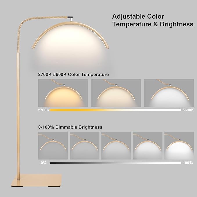 Half Moon LED Floor Light - Professional Shadow-Free Lamp for Lash Techs, Estheticians & Tattoo Artists | Dimmable for Eyelash Extensions, Nail Art, Home & Office (Gold)