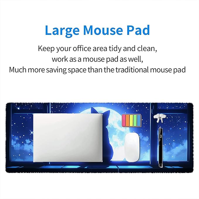 Anime Cat Desk Mat Gaming Mouse Pad Cartoon Cute Cat Looking Moon Large Gaming Mouse Mat with Stitched Edges,Non-Slip Waterproof Rubber Base Mous Mat Office Computer Keyboard Laptop Home 31.5"x11.8"