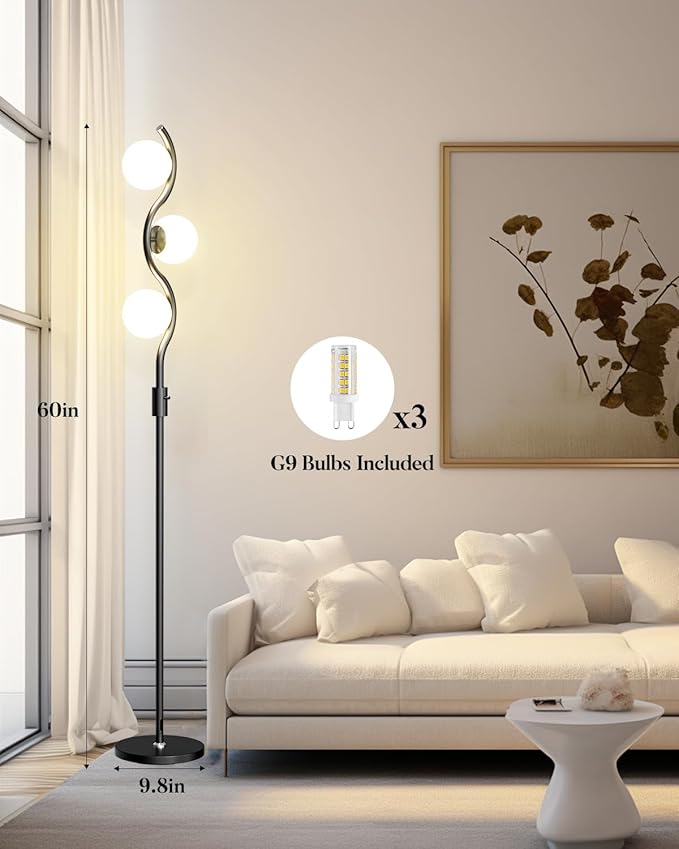 Dimmable Globe Floor Lamp Black Standing Lamps with 3 Soft Warm White 3000K Bulbs, Mid Century Modern Floor Lamp for Living Room Bedroom Home Decor