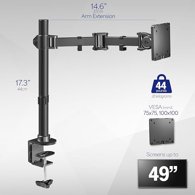 VIVO Single Ultra-Wide Monitor Desk Mount for up to 49 inch Ultrawide Screens, Clamp-on Adjustable Stand Holds 44 lbs, VESA up to 100x100mm, Black, STAND-V100M