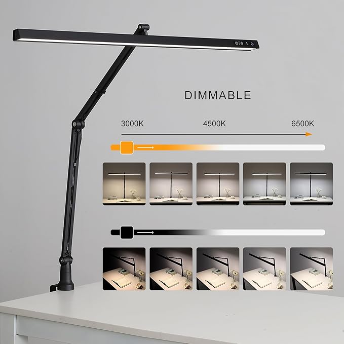 Led Desk Lamp with Clamp, Architect Desk Lamp for Home Office with Atmosphere Lighting, 15W Ultra Bright Dimming Computer Light Stepless Dimming and Tempering LED Table Light with Timing