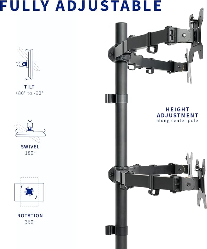 VIVO Quad 13 to 30 inch LCD Monitor Desk Mount, Fully Adjustable Stand with Tilt and Swivel, Holds 4 Screens with Max VESA 100x100, STAND-V004