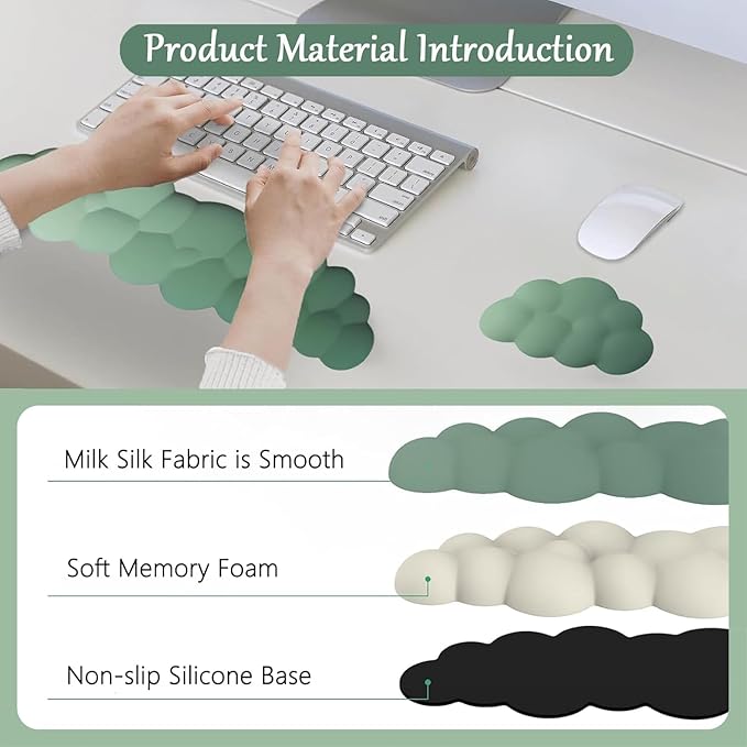Cloud Mouse Pad Keyboard Wrist Rest for Mouse 4PCS Mini Small Desk Mat Pad Set Memory Foam Non-Slip Cute Ergonomic Gaming Mouse Wrist Support for Computer Home Office Gradient Green