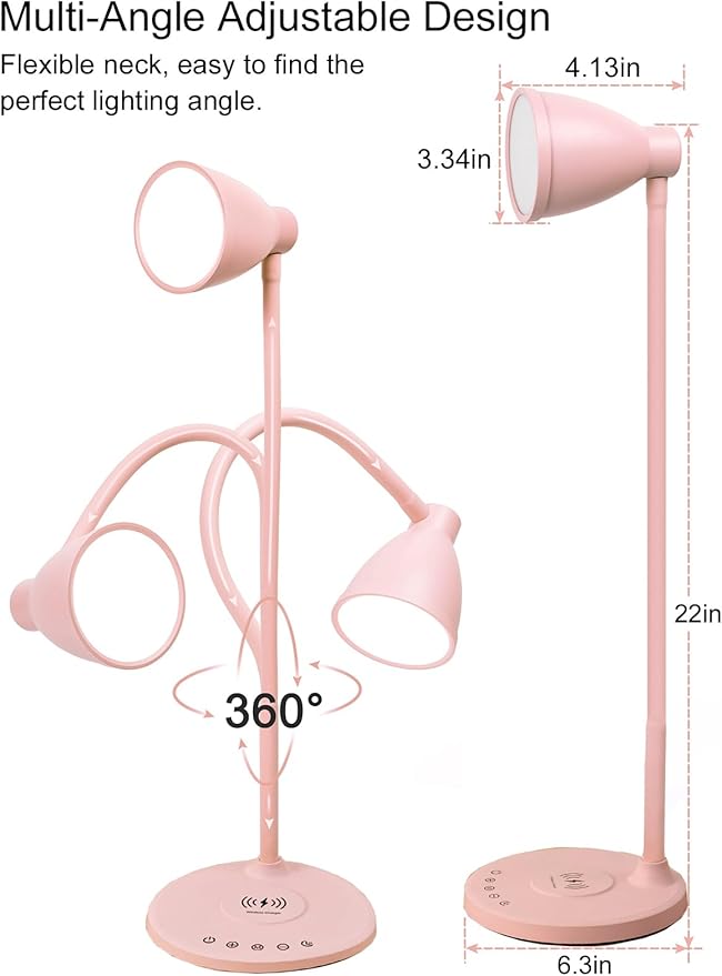 BOHON Cute Pink Aluminum Desk Lamp with USB C+A Charging Ports, Wireless Charger, 5 Colors Stepless Dimming, Touch Control, Memory Function, LED Light for Home Office College Dorm Room