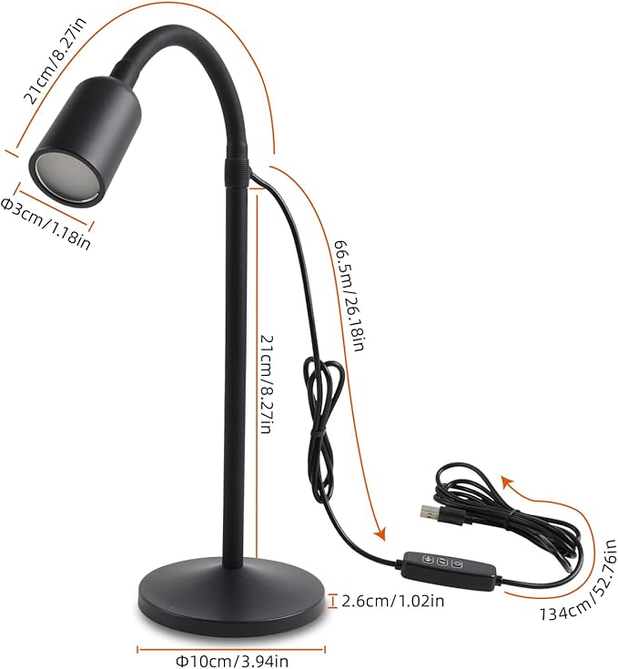 DAMI Small Desk Lamp with Flexible Gooseneck, USB Reading Light Nightstand with 3 Color Temperatures, Dimmable Eye-Caring Bedside Table Lamp for Home Office Bedroom Dorm RV - Black