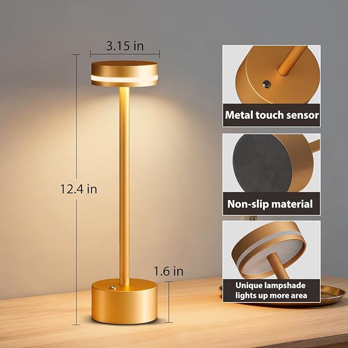 2 Pack Gold Modern Cordless Table Lamp Rechargeable, Aluminum Touch Lamp & 4000mAh Battery Operated, 3000K LED Table Lamps for Home Decor, Dining, Reading, Desk, Bedroom, Gift