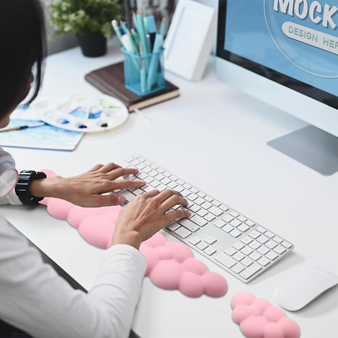Ergonomic Keyboard Wrist Rest, PU Leather Memory Foam Cloud Wrist Rest for Computer Keyboard, Mouse Wrist Rest and Keyboard Pad for Gaming, Office, Computer, Laptop, Typing, Pastel Pink