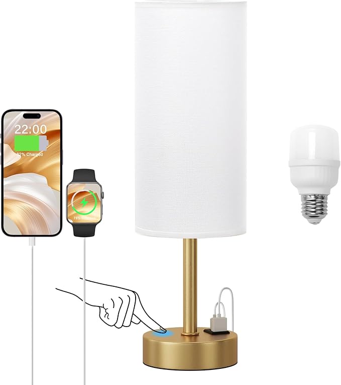 Dicoool Elegant Gold Touch Table Lamp, Modern Wedding Gift for Couples, Bedside Lamps with USB-C USB-A Charging Ports, 3 Way Dimmable Small Lamp for Office, Living Room, Bathroom