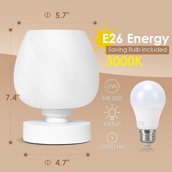Soilsiu Bedside Table Lamp - Touch Small Lamp for Bedroom Nightstand, 3-Way Dimmable, White Opal Glass Shade, Warm LED Bulb Included