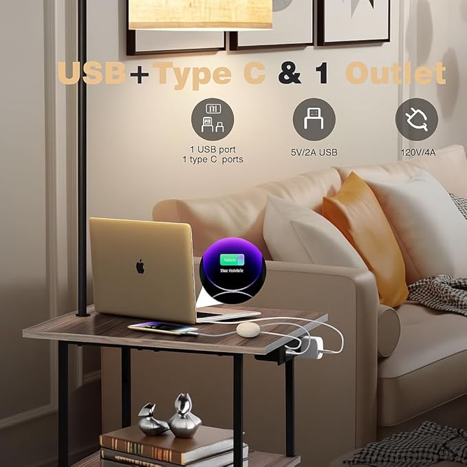PESRAE Floor Lamp with Table,Lamps for Nightstand with Charging Station(USB & Type-C & AC Port), 3 Color Temperatures 9W LED Bulb, Modern Shelves Side Table for Bedroom, Office
