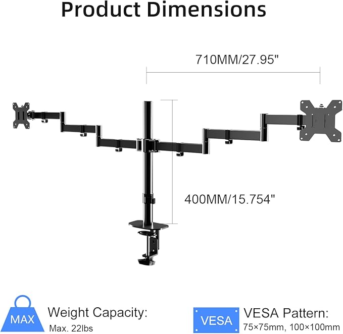 Pholiten Dual Monitor Stand for 13-32inch Screen,Extra Long Monitor Arm Desk Mount,Fully Adjustable 27.95 inch Monitor Arm,Each Arm up to 22lbs