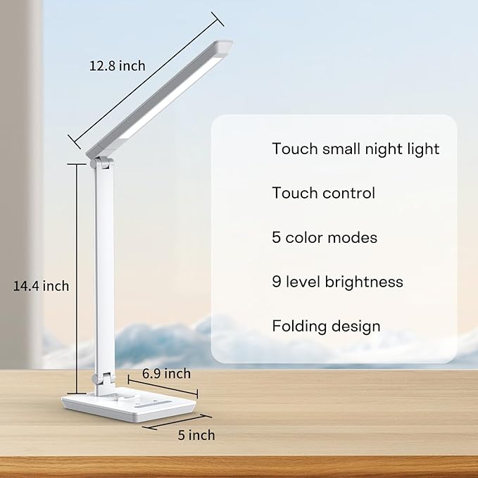 UK Plug Adapter Desk Lamp for 9 Level Brightness Touch Control & 5 Lighting Modes, 14W 900LM Dimmable Eye-Caring Reading LED Desk Light with USB Charging Port, Dimmable Home Office Desk Light