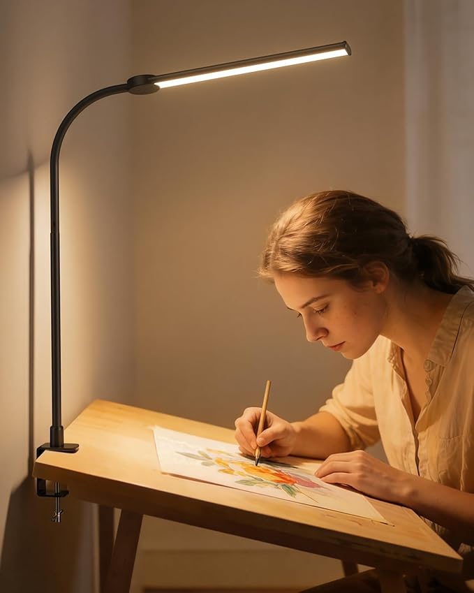 Desk Lamp with Clamp, Eye Caring LED Desk Lamp for Home Office with Gooseneck, Clip on Light with 3 Color Modes for Working, Reading, Drawing