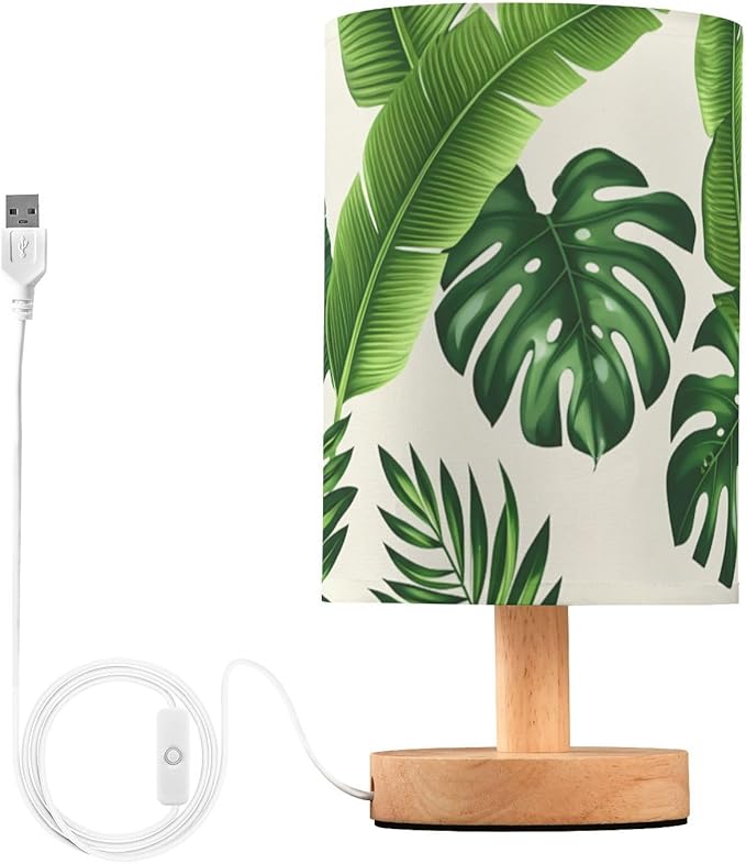Tropical Leaf LED Table Lamp, Bedside Lamp with Linen Lampshade, Flicker-Free Eye Care USB Plug in Nightstand Lamp, for Bedroom and Office