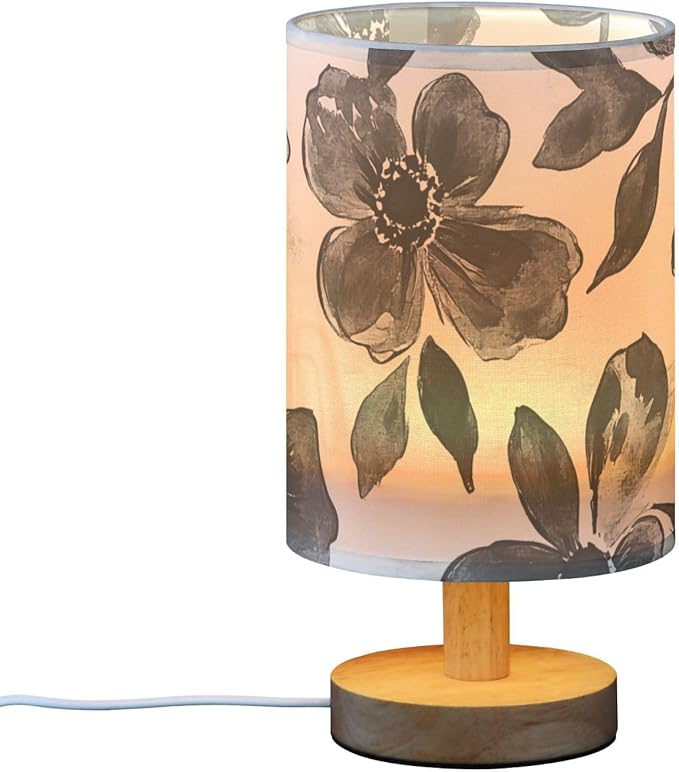Black Floral LED Table Lamp, Bedside Lamp with Linen Lampshade, Flicker-Free Eye Care USB Plug in Nightstand Lamp, for Bedroom and Office