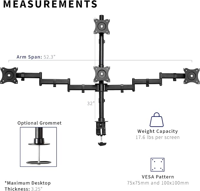 VIVO Quad Monitor Adjustable Heavy Duty Mount, Articulating Stand for 4 LCD Screens up to 24 inches STAND-V004Y