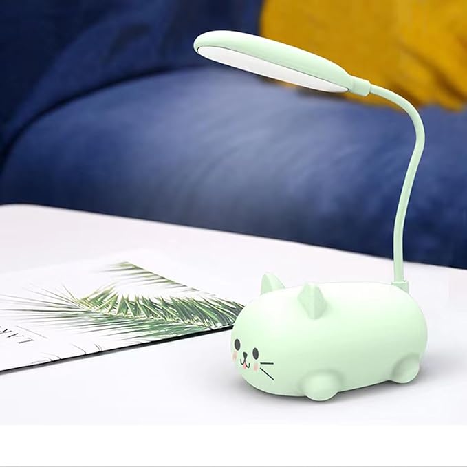 LED Desk Lamp for Kids, Cute Cat Lamp USB Rechargeable Reading Light,Portable LED Table Light, Flexible Gooseneck Eye-Care Cartoons Small Desk Lamp Girls Gifts (Green)