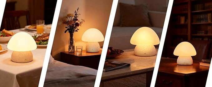 Mushroom Lamp, Cute Cordless Rechargeable Table Lamp with Glass Shade, 3 Color Temps LED Dimmable Ambient Lighting, Small Retro Touch Bedside Light for Decor, Resin Base.