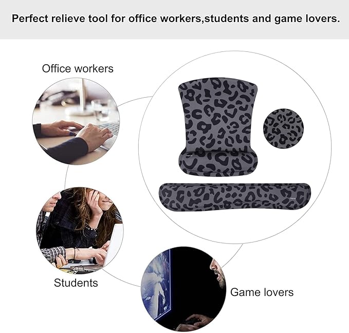 MOSISO Wrist Rest Support for Mouse Pad&Keyboard Set, Leopard Grain Ergonomic Mousepad&Coaster Non-Slip Base Home/Office Easy Typing Cushion with Neoprene Cloth&Raised Memory Foam, Black