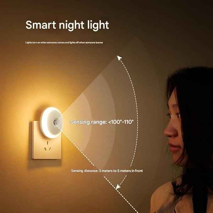 Plug-in Motion Sensor Night Light — Energy-Saving 0.7W Warm White, Auto On/Off (3–5m) & Ambient Light Sensing, Flicker-Free Eye-Care LED — Hallway, Bathroom, Bedroom, Nursery, Stairs