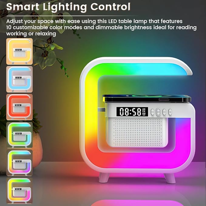 Smart LED Table Lamp, Wireless Charger with 10W Fast Charging and Sunrise Alarm Clock, Bluetooth Speaker Lamp for Bedroom, Office, and Living Room Ambiance
