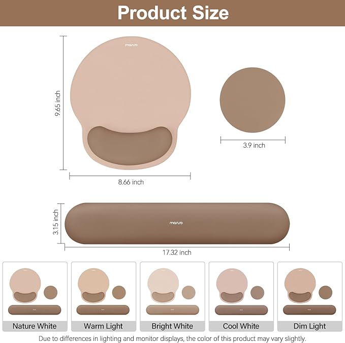 MOSISO Wrist Rest Support for Mouse Pad&Keyboard Set, Circle Curved Ergonomic Mousepad&Coaster Non-Slip Base Home/Office Wrist Support&Easy Typing Pad with Soft Cloth&Silicone Lining, Mocha