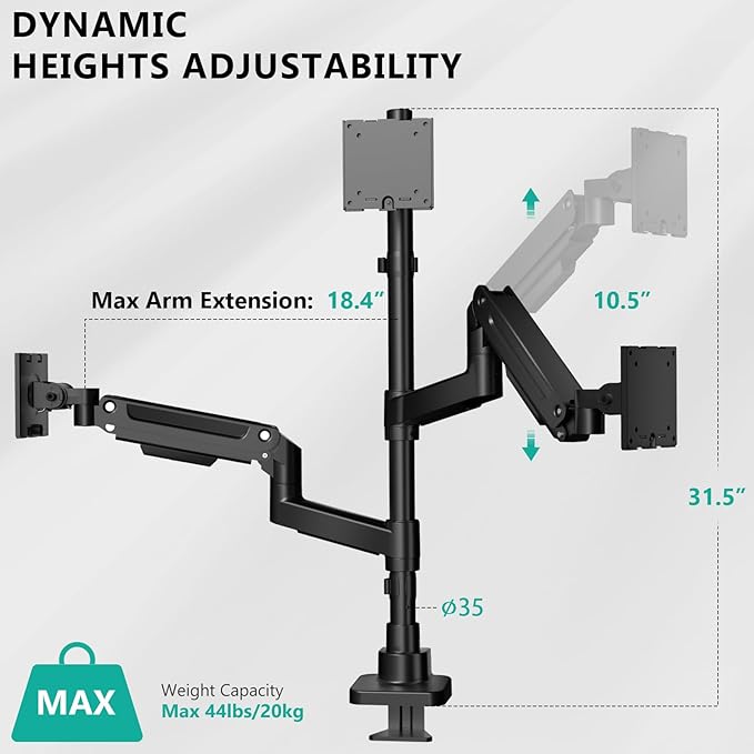 WALI Triple Monitor Mount - Extra Tall 3 Monitor Desk Mount for 13-49 Inch Ultrawide Screens, Up to 44 lbs, Fully Adjustable Heavy Duty Gas Springs, VESA 75/100 mm (GSDM003-P), Black