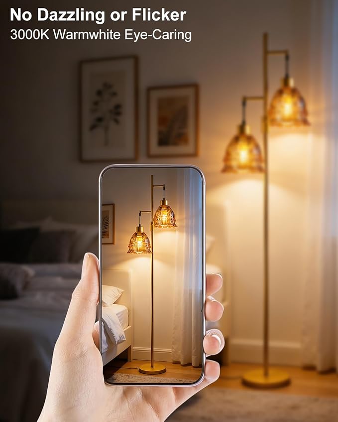 Gold Dimmable Floor Lamp for Living Room, 2-Light 65IN Tall Standing Lamps with Brown Glass Lampshade, 3000K Warmwhite Mid Century Modern Floor Lamp for Bedroom/Home Office/Corner