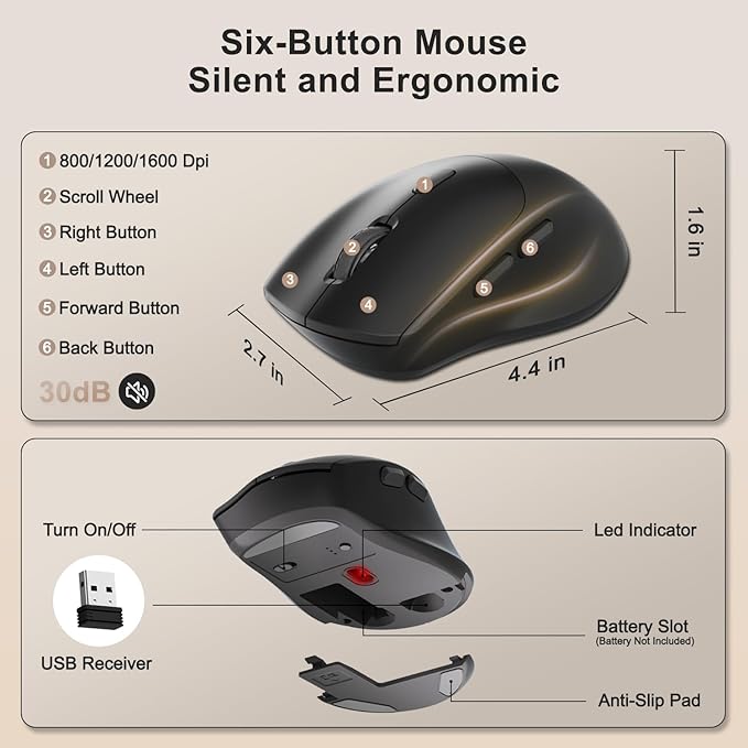 Wireless Keyboard and Mouse Combo, 2.4G Full Size Wave Keys Ergonomic Keyboard with Wrist Rest, Phone Holder, 3-Level DPI Wireless Silent Mouse with 6-Buttons, for Windows (Latte Black)