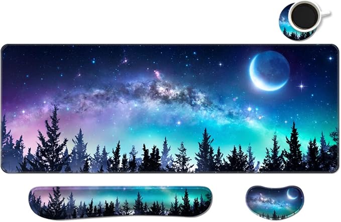 MIBITRI Keyboard Mouse Pad Set, Extended Gaming Mouse Pad+Ergonomics Keyboard Wrist Rest Support, Memory Foam, Easy Typing, 3Pcs XXL Ultra Thick Desk Mat, Moon Forest