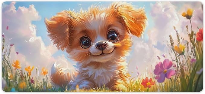Large Ergonomic Gaming Mouse Pad Charming Fluffy Dog in Bright Meadow - Cute Pet Theme with Non-Slip Base Water-Resistant Surface and Stitched Edges 40x90cm