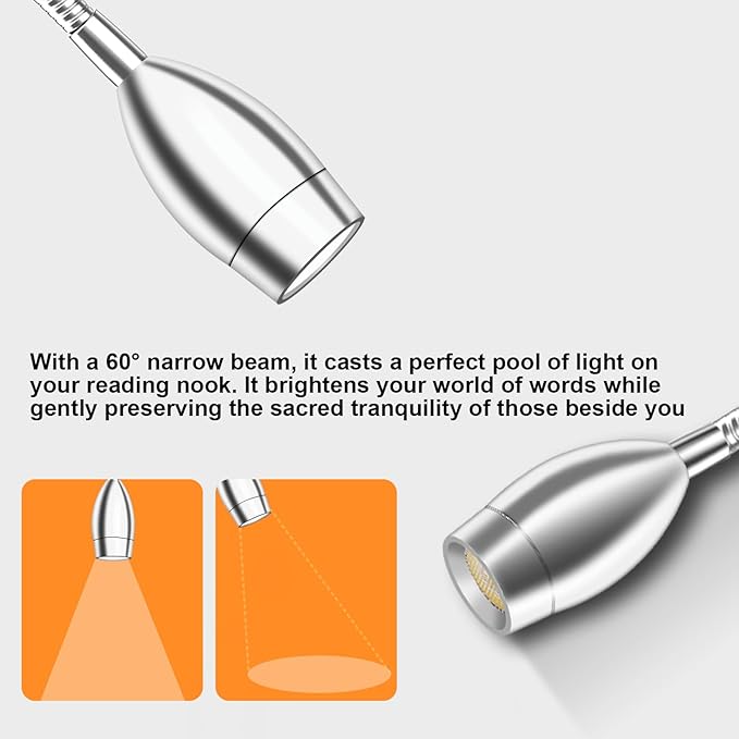 Wall Mounted LED Reading Light with 360° Flexible Gooseneck, Dimmable Bedside Reading Lights for Books In Bed, Plug In Headboard Night Lights, Eye-Caring, 3 Colors Temperature, Touch Control-1 Pack