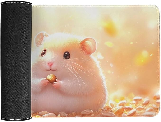Large Ergonomic Gaming Mouse Pad Happy Hamster with Sunflower Seed - Cute Animal Theme with Non-Slip Base Water-Resistant Surface and Stitched Edges 40X75cm