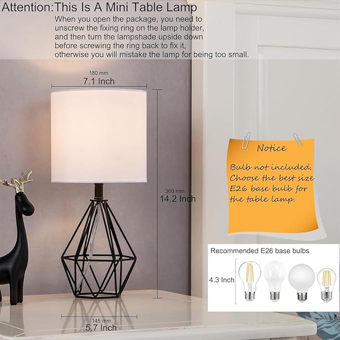 COTULIN Black Bedside Table Lamp,Small Nightstand Lamp for Bedroom,Modern Desk Lamp with TC Fabric Shade Geometric Metal Base for Living Room Study Office Farmhouse