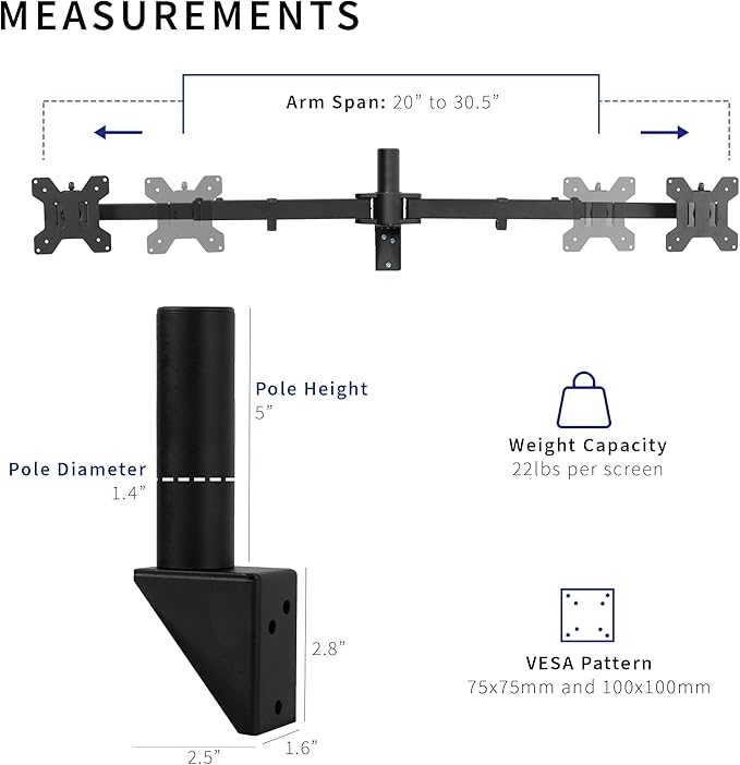 VIVO Premium Dual 21 to 32 inch LCD LED Monitor Wall Mount, Heavy Duty Telescoping Arms, Flush Wall Setup, Fits 2 Screens, Black, MOUNT-TS32B