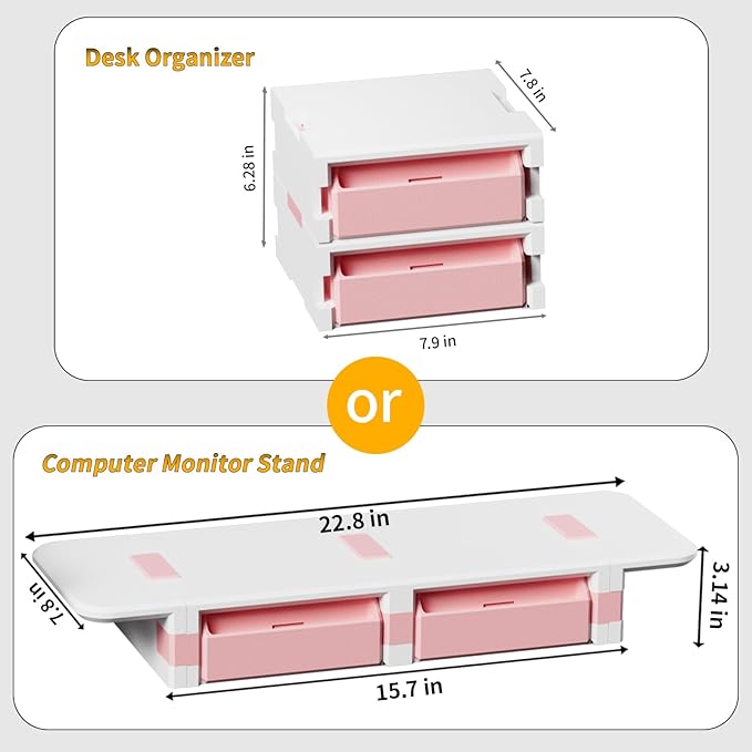 Desk Organizer and Accessories, Computer Monitor Riser Laptop Stand with Drawer Privacy Protection, Office Desk Accessories & Workspace Organizers for Office Supplies, Pink