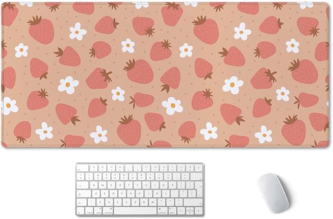 SSOIU Large Mouse Pad, Full Desk XXL Extended Gaming Mouse Pad 35.5" X 15.7", Waterproof Desk Mat with Stitched Edge, Non-Slip Laptop Computer Keyboard Mousepad for Office & Home, Strawberry and Daisy