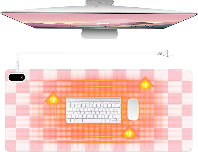 Konohan Heated Large Desk Mat PU Leather Cute Warm Mouse Pad with 5 Heating Level & 4 Hour Auto Shut-Off Heating Keyboard Pad Warmer Gaming Mice Mat Only Supports 110v(Pink Checkerboard, 31.5" X 13")