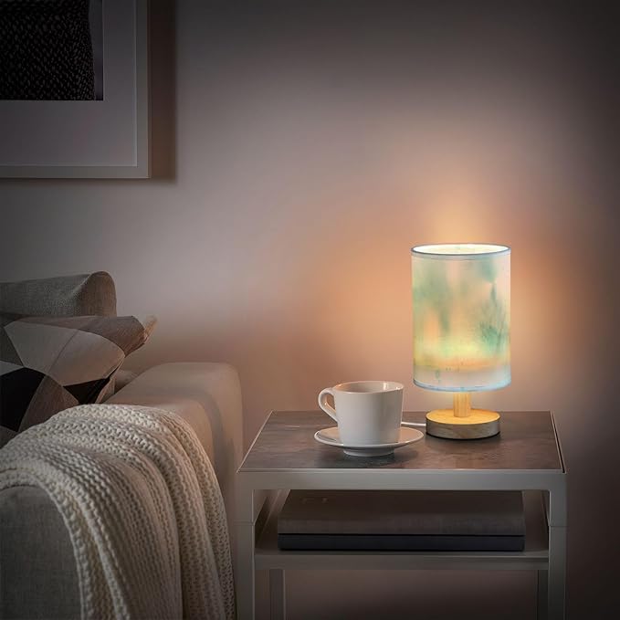 Blue LED Table Lamp, Bedside Lamp with Linen Lampshade, Flicker-Free Eye Care USB Plug in Nightstand Lamp, for Bedroom and Office