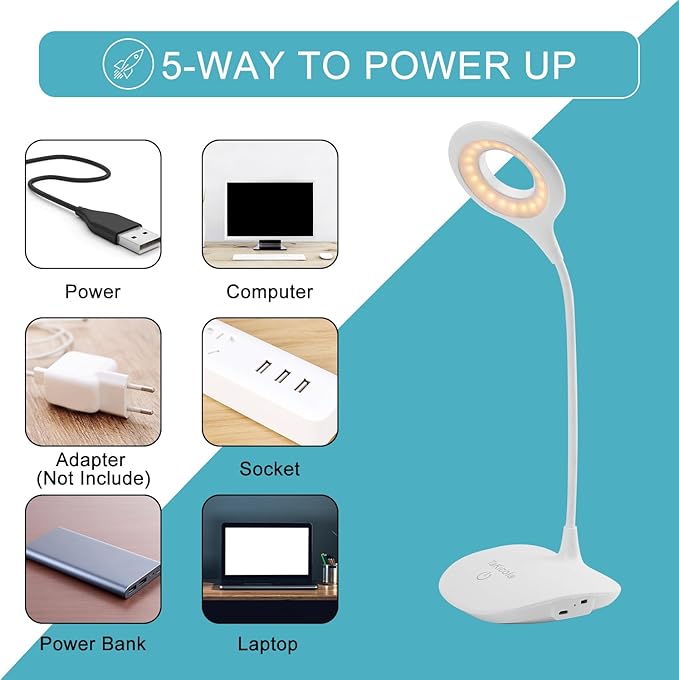 LED Desk Lamp with Flexible Gooseneck, Cordless Rechargeable, 3 Color Modes, Dimmable, Stepless Touch Control, Portable Eye-Caring Table Lamp for Office Home Bedroom, White