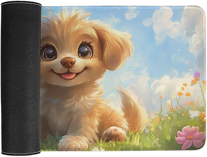Large Ergonomic Gaming Mouse Pad Happy Puppy in Sunny Field - Lovable Dog Theme with Non-Slip Base Water-Resistant Surface and Stitched Edges 40X75cm