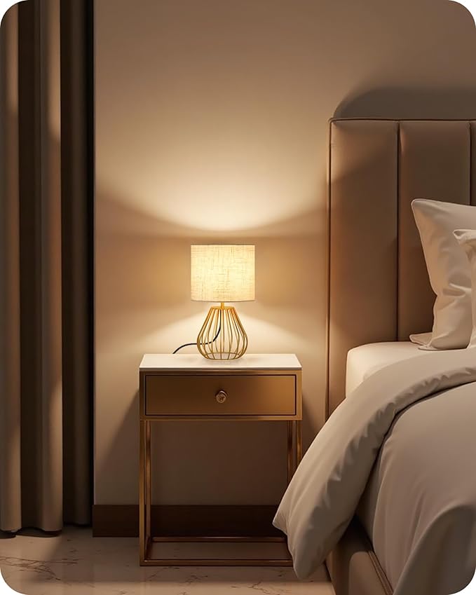 Gold Table Lamp, 12.6'' Small Table Lamp with Beige Linen Lampshade & Gold Cage Base, Modern Little Cute Desk Lamp, Bedside Lamp for Bedroom, Living Room, 2700K LED Bulb Included, DE06TL05