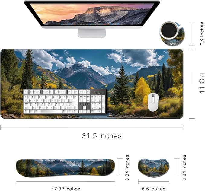 MIBITRI Keyboard Mouse Pad Set, Extended Gaming Mouse Pad+Ergonomics Keyboard Wrist Rest Support, Memory Foam, Easy Typing, 4Pcs XXL Ultra Thick Desk Mat, Nature Forest