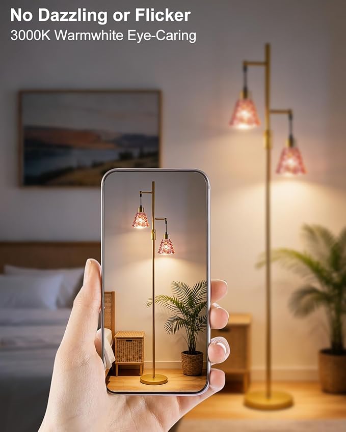 2-Light Glass Floor Lamp, Gold Tall Standing Lamps Dimmable with Rose Red Glass Lampshade, 3000K Warmwhite Mid Century Modern Floor Lamp for Living Room/Bedroom/Sofa Beside/Home Decor