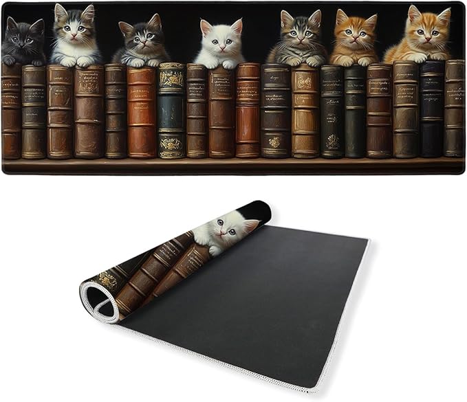 Library Cat Gaming Mouse Pad Large Desk Mat Vintage Bookshelf Kitten Mousepad Computer Keyboard Pad Mouse Mat Laptop Mat 31.5 x 11.8 Mouse Pads for Desk Home Office Gaming